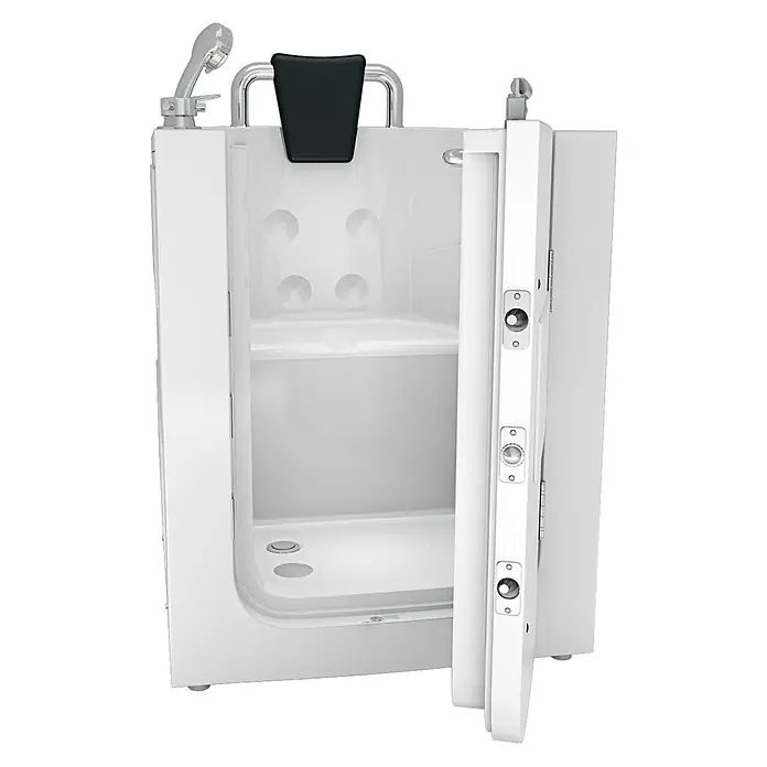AcquaVapore Badewanne Fertigdusche S10 -  - Weiße barrierefreie Dusche mit offener Tür, schwarzer Kopfstütze und Handbrause.