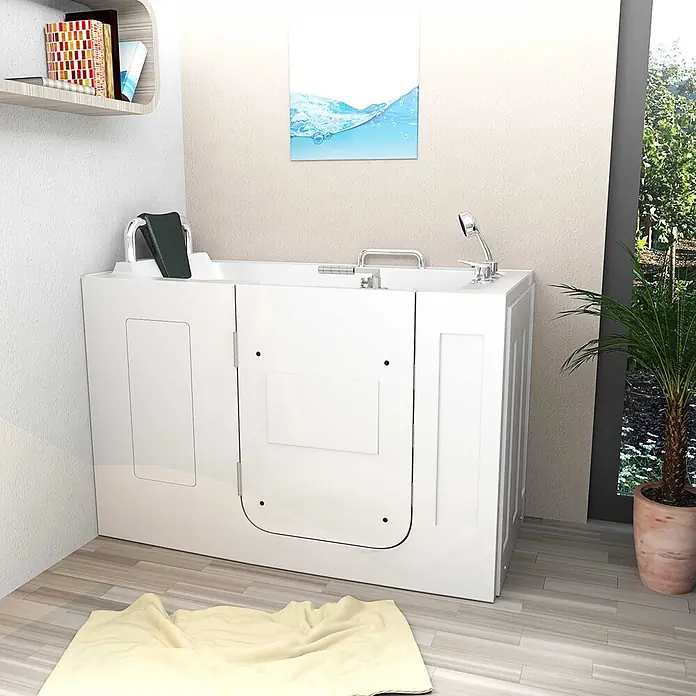 AcquaVapore Badewanne Fertigdusche S07-A-L - 76 x 140 cm, Acryl, Weiß - Weiße barrierefreie Badewanne mit Chromarmaturen und dunkelgrüner Rückenlehne.