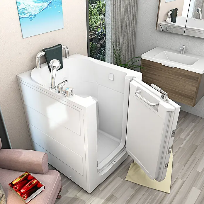 AcquaVapore Badewanne Fertigdusche S10 -  - Weißer barrierefreier Einstiegsbadewanne mit geöffneter Tür in einem modernen Badezimmer.