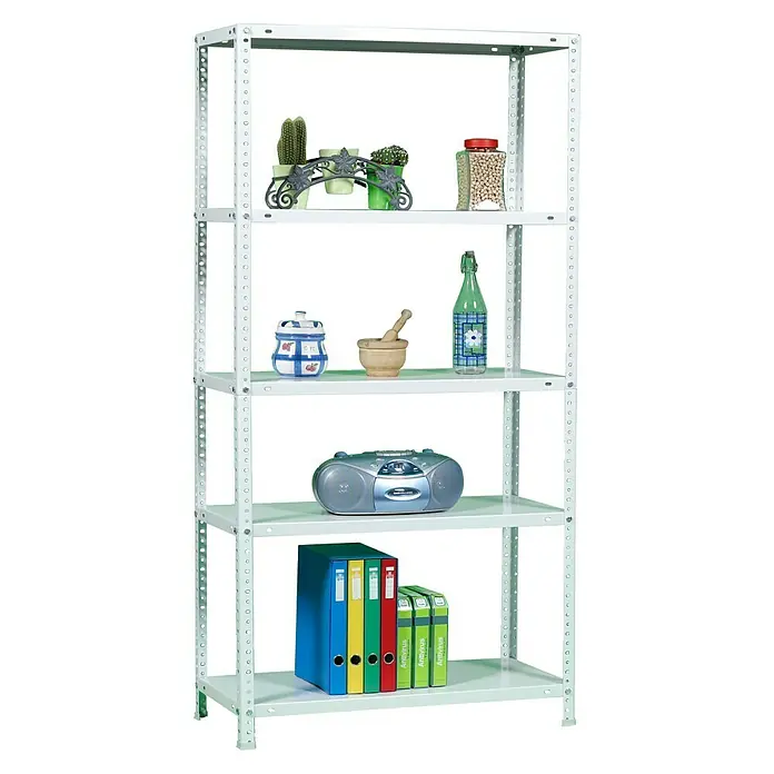Simonrack Simonclassic Metallregal Comfort Super Plus - H x B x T: 200 x 110 x 40 cm, Traglast pro Boden: 100 kg, Anzahl Böden: 5 Stk., Schrauben, Weiß - Ein Regal mit fünf Ablagen, gefüllt mit verschiedenen Gegenständen wie Pflanzen, einer Stereoanlage und Ordnern.