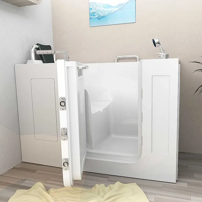 AcquaVapore Badewanne Fertigdusche S07-A-L - 76 x 140 cm, Acryl, Weiß - Weiße begehbare Badewanne mit offener Tür, integriertem Sitz und Haltegriffen für einfachen und sicheren Einstieg.