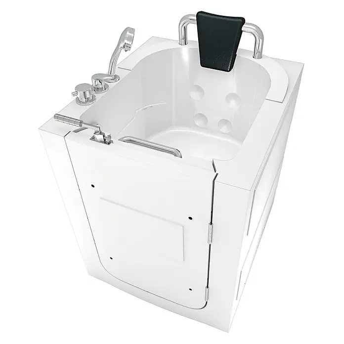 AcquaVapore Badewanne Fertigdusche S10 -  - Weiße begehbare Badewanne mit Tür, Chromarmaturen, schwarzer Kopfstütze und eingebautem Sitz mit Düsen.