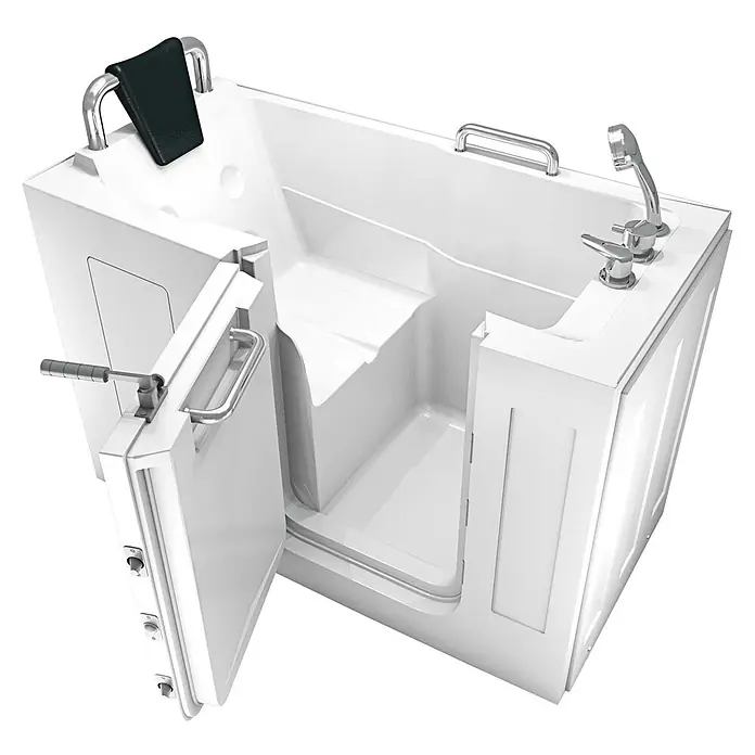 AcquaVapore Badewanne Fertigdusche S07-A-L - 76 x 140 cm, Acryl, Weiß - Weiße begehbare Badewanne mit offener Seitentür, integriertem Sitz, Haltegriffen und Handbrause, für Barrierefreiheit konzipiert.