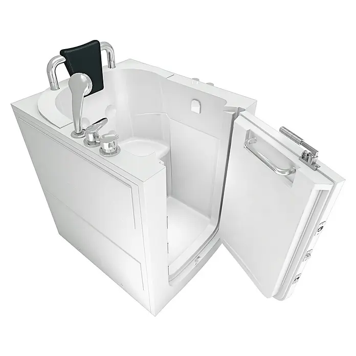 AcquaVapore Badewanne Fertigdusche S10 -  - Weiße begehbare Badewanne mit offener Tür, integriertem Sitz, Chromarmaturen und Kopfstütze, für einfachen Zugang konzipiert.