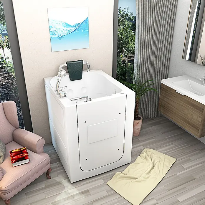 AcquaVapore Badewanne Fertigdusche S10 -  - Weiße Einstiegswanne mit dunkelgrüner Kopfstütze in einem modernen Badezimmer, mit seitlicher Zugangstür für leichten Einstieg.