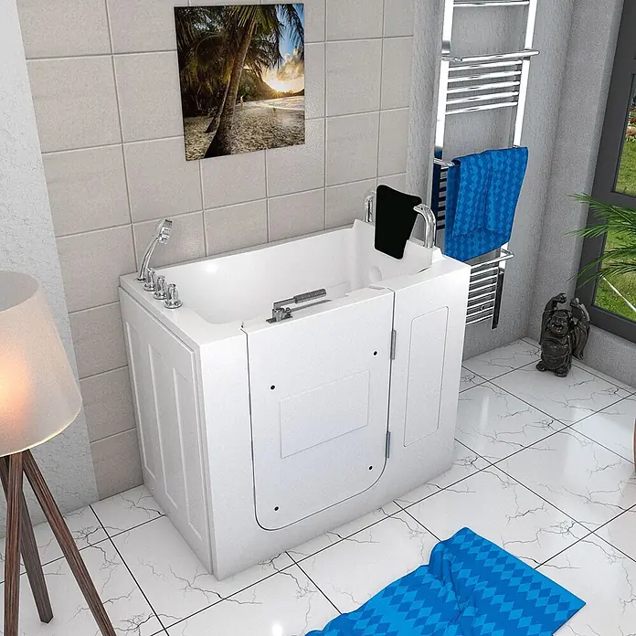 AcquaVapore Badewanne Fertigdusche S08-TH-B-R - 110 x 68 cm, Acryl, Weiß - Weiße barrierefreie Badewanne mit seitlicher Einstiegstür, Duschkopf und Chromarmaturen in einem modernen Badezimmer.