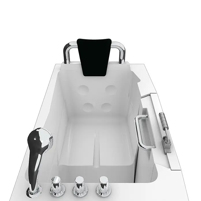 AcquaVapore Badewanne Fertigdusche S08-TH-B-R - 110 x 68 cm, Acryl, Weiß - Weiße begehbare Badewanne mit Chromarmaturen, schwarzer Kopfstütze und rutschfester Textur im Boden.