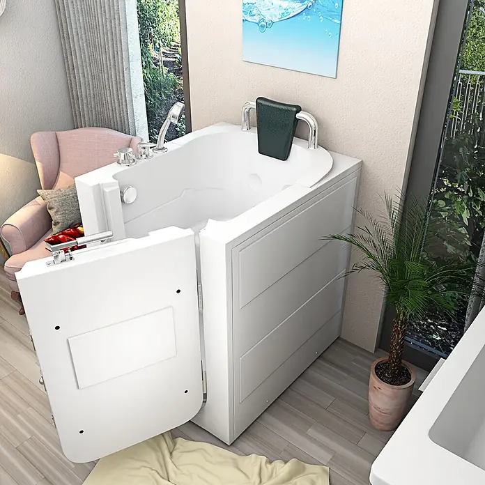 AcquaVapore Badewanne Fertigdusche S10 -  - Weißer begehbarer Badewanne mit offener Tür, dunkler Kopfstütze und Chromarmaturen. Für barrierefreies und bequemes Baden.