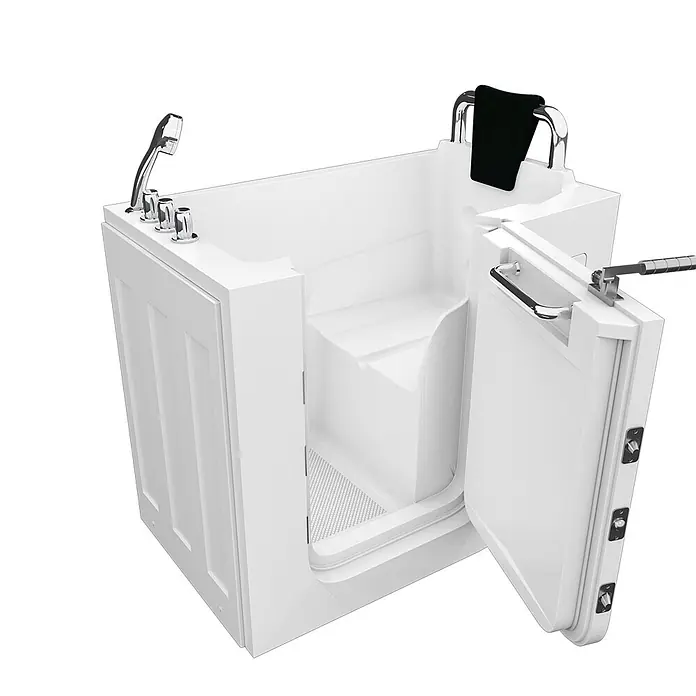 AcquaVapore Badewanne Fertigdusche S08-TH-B-R - 110 x 68 cm, Acryl, Weiß - Weiße barrierefreie Badewanne mit breiter, offener Tür, integriertem Sitz, Chromarmaturen und Haltegriffen.