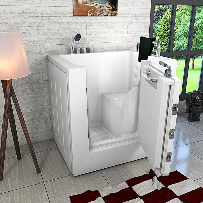 AcquaVapore Badewanne Fertigdusche S02-TH-B-R - 100 x 78 cm, Acryl, Weiß - Weiße barrierefreie Badewanne mit offener Tür und integriertem Sitz, verchromten Armaturen, für einfachen Zugang.
