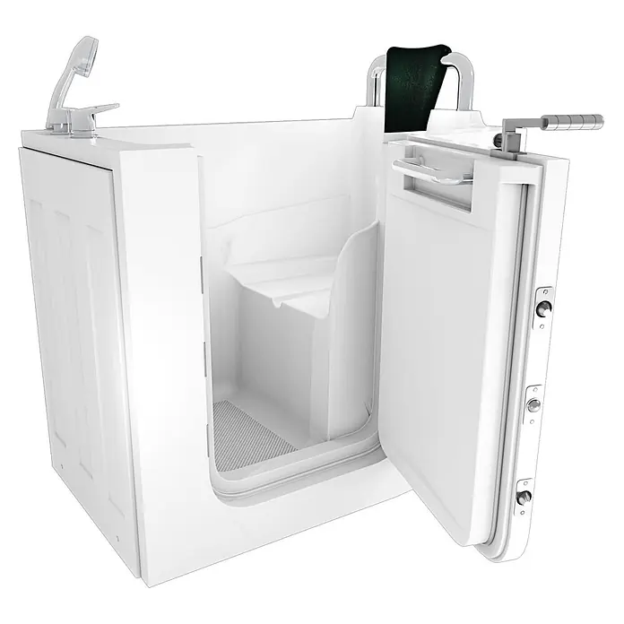 AcquaVapore Badewanne Fertigdusche S08-C-R - 110 x 68 cm, Acryl, Weiß - Weiße barrierefreie Badewanne mit integriertem Sitz und Handbrause, inklusive großer Zugangstür für leichten Einstieg.