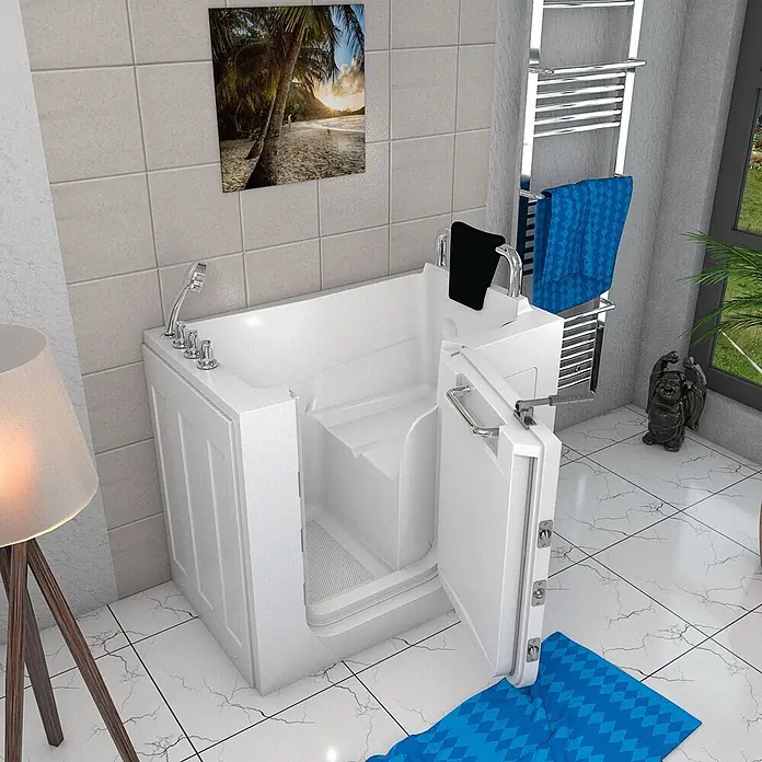 AcquaVapore Badewanne Fertigdusche S08-TH-B-R - 110 x 68 cm, Acryl, Weiß - Weißes begehbares Badewanne mit offener Tür und integriertem Sitz in modernem Badezimmer.