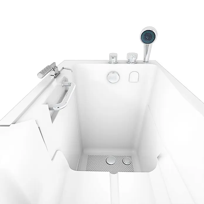 AcquaVapore Badewanne Fertigdusche S08-C-R - 110 x 68 cm, Acryl, Weiß - Weiße barrierefreie Badewanne mit Chromarmaturen, Handbrause, Haltegriff und rutschfester Bodenmatte für einfachen Zugang.