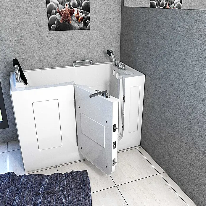 AcquaVapore Badewanne Fertigdusche S07-TH-C-L - Acryl, Weiß - Weiße begehbare Badewanne mit offener Seitentür für barrierefreies Baden.