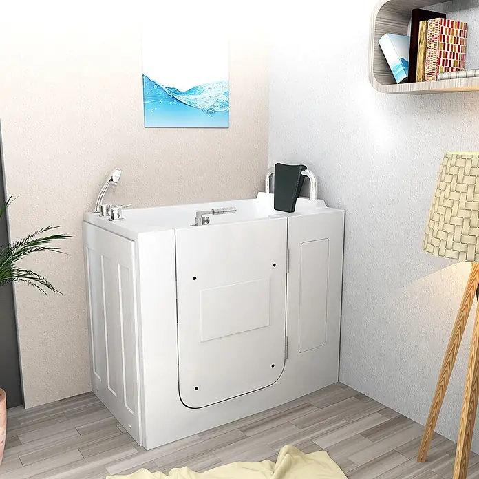 AcquaVapore Badewanne Fertigdusche S08-C-R - 110 x 68 cm, Acryl, Weiß - Weiße begehbare Badewanne mit Zugangstür und integriertem Duschsystem, installiert in einer Ecke eines modernen Badezimmers.