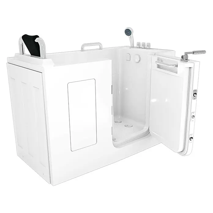 AcquaVapore Badewanne Fertigdusche S07-TH-C-L - Acryl, Weiß - Weiße begehbare Badewanne mit Seitentür, integriertem Sitz, Duschkopf und Bedienknöpfen für einfaches, barrierefreies Baden.