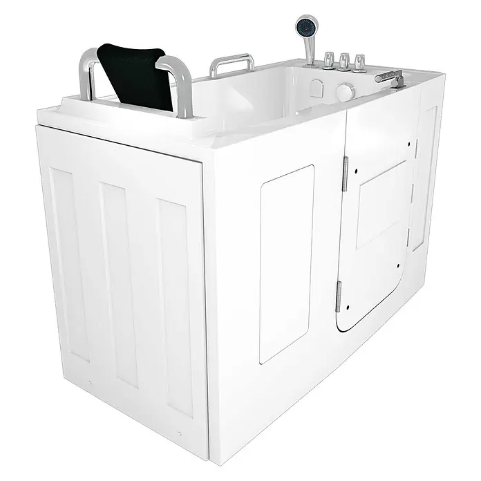 AcquaVapore Badewanne Fertigdusche S07-TH-C-L - Acryl, Weiß - Weiße begehbare Badewanne mit niedriger Einstiegstür, Chrom-Haltegriffen, integrierter Armatur, Handbrause und schwarzer Kopfstütze.