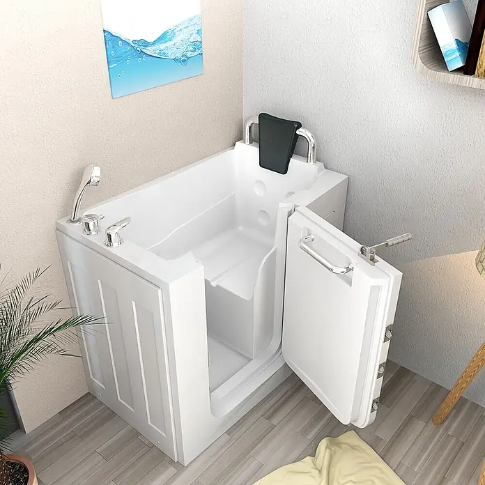 AcquaVapore Badewanne Fertigdusche S08-C-R - 110 x 68 cm, Acryl, Weiß - Weiße begehbare Badewanne mit offener Seitentür, integriertem Sitz, Handbrause und Chromarmaturen im Badezimmer.