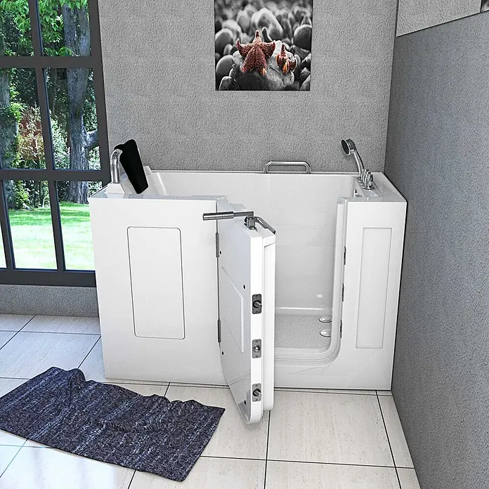 AcquaVapore Badewanne Fertigdusche S07-TH-C-L - Acryl, Weiß - Weiße begehbare Badewanne mit offener Tür, mit niedrigem Einstieg für barrierefreies und sicheres Baden.