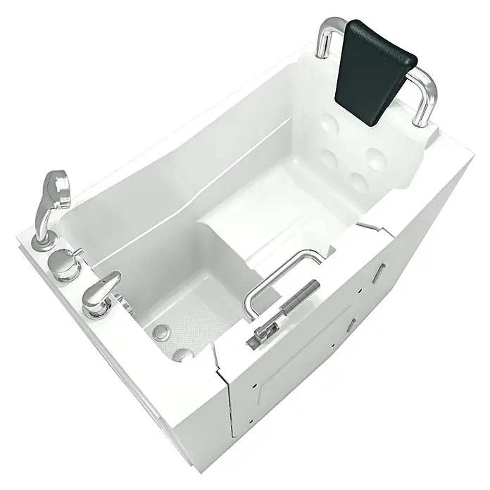 AcquaVapore Badewanne Fertigdusche S08-C-R - 110 x 68 cm, Acryl, Weiß - Weiße Einstiegswanne mit Chromarmaturen, integriertem Sitz und schwarzer Kopfstütze, für einfachen Zugang.
