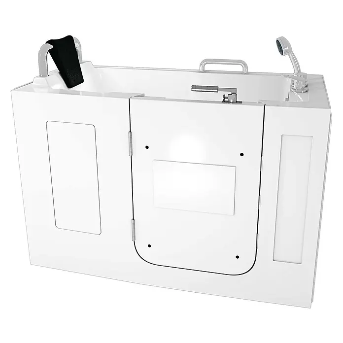 AcquaVapore Badewanne Fertigdusche S07-B-L - 140 x 76 cm, Acryl, Weiß - Weiße barrierefreie Badewanne mit Seitentür, Chromarmaturen, Haltegriffen und schwarzer Kopfstütze.