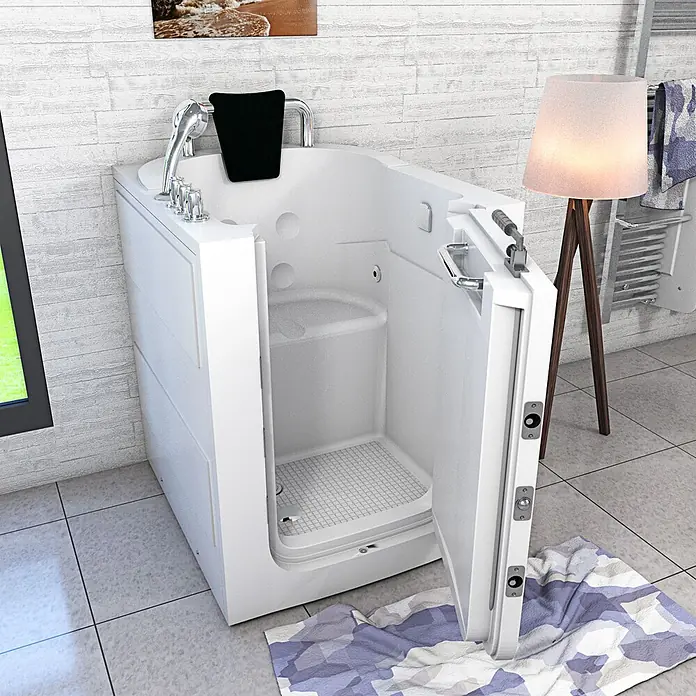 AcquaVapore Badewanne Fertigdusche S10-TH -  - Weiße begehbare Badewanne mit offener Seitentür, zeigt den inneren Sitz und die rutschfeste Duschwanne für barrierefreies Baden.