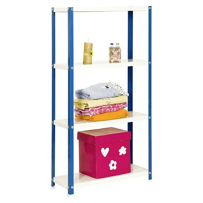 Simonrack Simonhome Metallregal Classic Mini - H x B x T: 160 x 80 x 40 cm, Traglast pro Boden: 100 kg, Anzahl Böden: 4 Stk., Schrauben, Blau/Weiß - Regal mit vier Ablagen zur Aufbewahrung von Gegenständen wie Kerzen, Handtüchern und einer dekorativen pinkfarbenen Schachtel mit weißen Aufklebern.