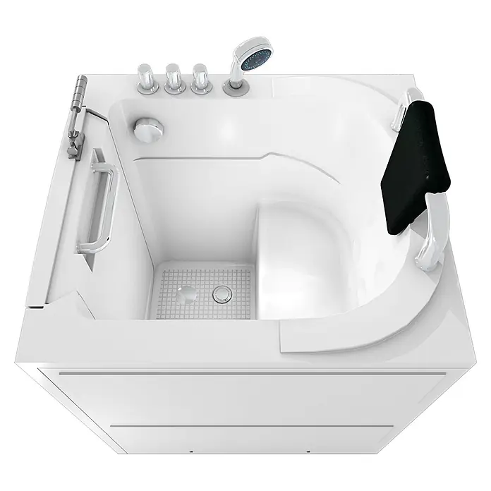 AcquaVapore Badewanne Fertigdusche S10-TH -  - Weiße Badewanne mit Einstiegstür, Chromarmaturen, integriertem Sitz, Haltegriffen und schwarzer Kopfstütze, barrierefrei.
