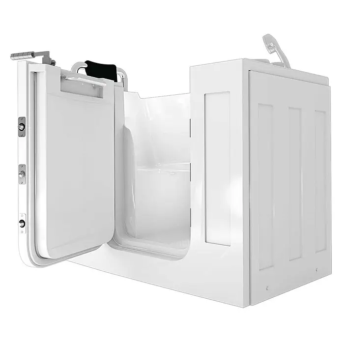 AcquaVapore Badewanne Fertigdusche S07-B-L - 140 x 76 cm, Acryl, Weiß - Weiße Badewanne mit Einstiegstür, offenem Seitenbereich, integriertem Sitz und Duschkopf.
