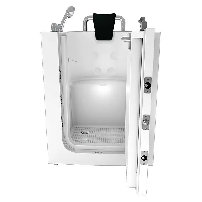 AcquaVapore Badewanne Fertigdusche S10-TH -  - Weißer begehbarer Badewanne mit offener Tür, Handbrause und Haltegriffen, die ihren barrierefreien Innenraum zeigt.