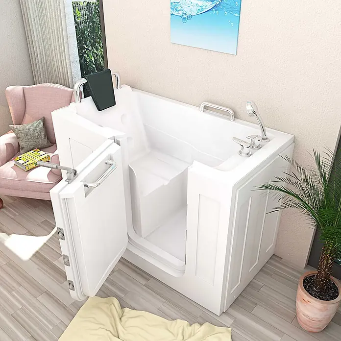AcquaVapore Badewanne Fertigdusche S07-B-L - 140 x 76 cm, Acryl, Weiß - Weiße begehbare Badewanne mit geöffneter Tür, integriertem Sitz und Haltegriffen für barrierefreies Baden.