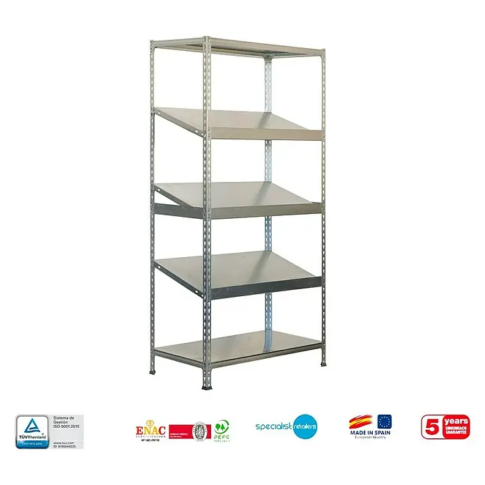 Simonrack Simonclick Estantería metálica Simonexpo Plus - Al x An x Pr: 200 x 100 x 50 cm, Capacidad de carga por balda: 200 kg, Número de baldas: 5 ud., Inserción, Galvanizado - Una estantería metálica plateada con cinco estantes. Ideal para almacenamiento y organización, robusta y versátil.