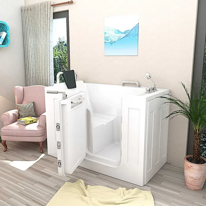AcquaVapore Badewanne Fertigdusche S07-B-L - 140 x 76 cm, Acryl, Weiß - Weiße begehbare Badewanne mit offener Seitentür für einfachen Zugang, mit integrierten Stufen und Haltegriffen für Sicherheit und Barrierefreiheit.