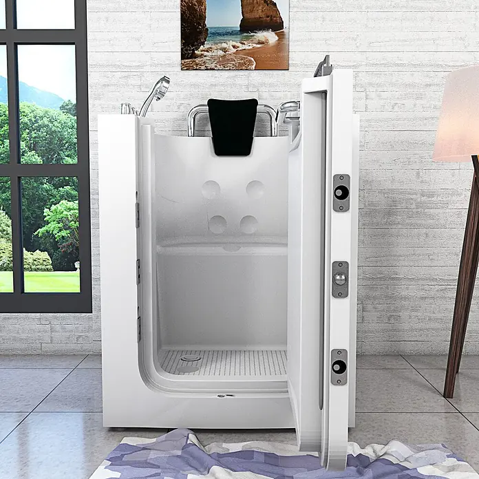 AcquaVapore Badewanne Fertigdusche S10-TH -  - Weiße barrierefreie Badewanne mit offener Tür, schwarzer Kopfstütze und Chromarmaturen in einem hellen Badezimmer.