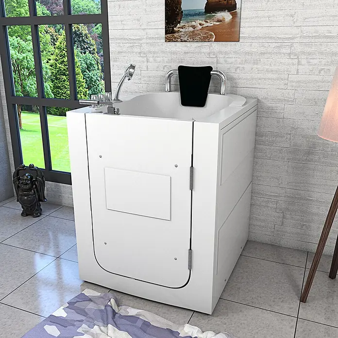 AcquaVapore Badewanne Fertigdusche S10-TH -  - Weiße barrierefreie Badewanne mit Duschkopf und Haltegriffen.