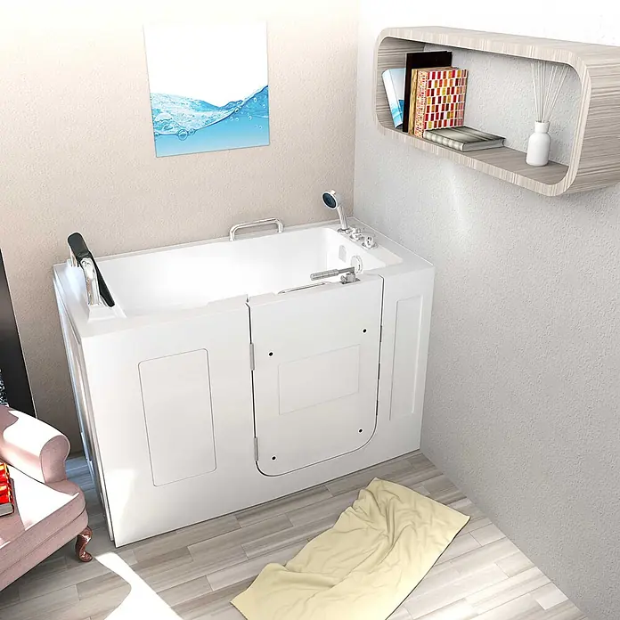 AcquaVapore Badewanne Fertigdusche S07-C-L - 140 x 76 cm, Acryl, Weiß - Weiße barrierefreie Badewanne mit Seitentür, in einem modernen Badezimmer installiert.