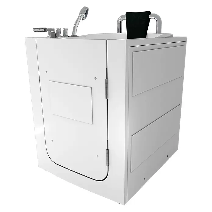 AcquaVapore Badewanne Fertigdusche S10-TH -  - Weiße begehbare Badewanne mit Chromarmaturen, Handbrause und integriertem schwarzen Sitz/Kopfstütze, mit einer Zugangstür.