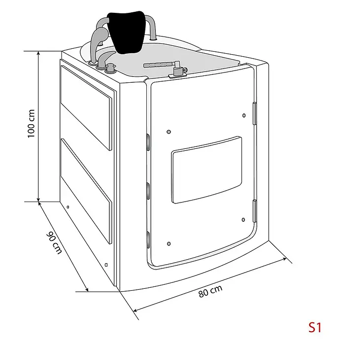 AcquaVapore Badewanne Fertigdusche S10 -  - Weiße Sitzbadewanne mit schwarzem Sitz und grauen Armaturen. Maße: 100cm H x 90cm T x 80cm B.