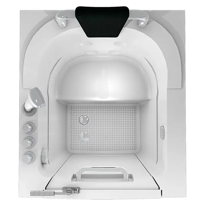 AcquaVapore Badewanne Fertigdusche S10-TH -  - Weiße begehbare Badewanne mit schwarzer Kopfstütze, Haltegriffen, Dusche, Bedienelementen, strukturiertem Boden, Abfluss und dichter Tür mit Griff und Riegel.