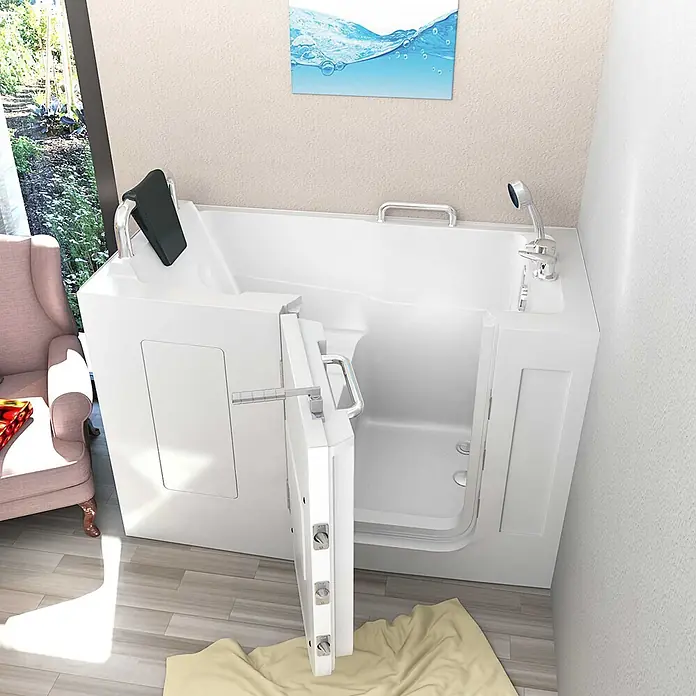AcquaVapore Badewanne Fertigdusche S07-C-L - 140 x 76 cm, Acryl, Weiß - Weiße begehbare Badewanne mit offener Tür, integriertem Sitz und Haltegriffen für einfachen Zugang und komfortables Baden.