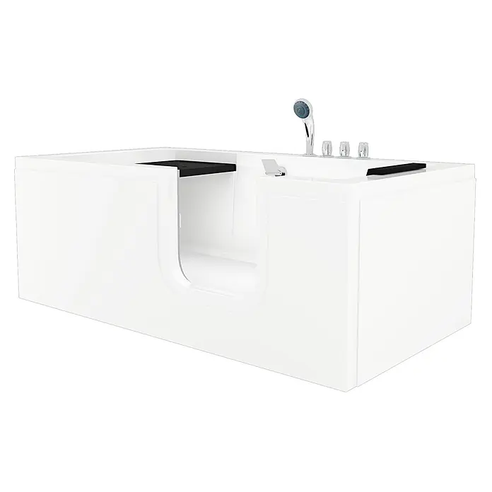 AcquaVapore Badewanne Fertigdusche S15-TH-R -  - Weißer begehbarer Badewanne mit integrierter Duschbrause, Armaturen und schwarzem Innensitz für barrierefreies Baden.