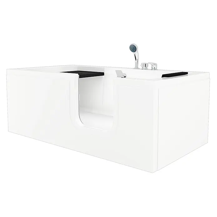 AcquaVapore Badewanne Fertigdusche S15-EH-R -  - Weiße begehbare Badewanne mit integrierter Duschbrause, Armatur und schwarzem Sitz für barrierefreies Baden.