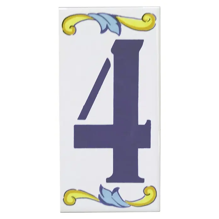 Pavimento cerámico Número 4 - 7,5 x 15 cm, Blanco/Azul/Amarillo, Brillante - Azulejo decorativo con el número 4, adornado con elementos florales en amarillo y azul, ideal para exteriores.
