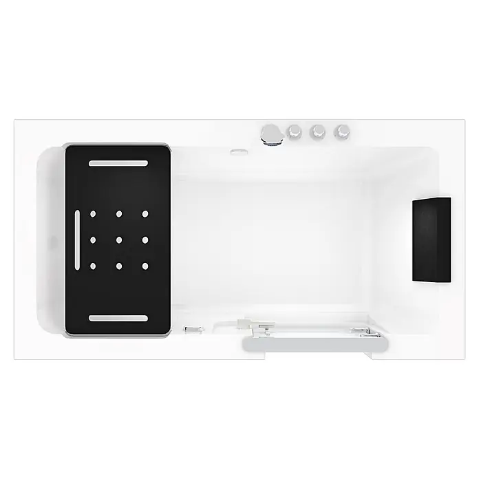 AcquaVapore Badewanne Fertigdusche S15-TH-R -  - Weißer Tierpflegewanne mit schwarzer Texturplattform, integrierter Armatur und Bedienfeld.
