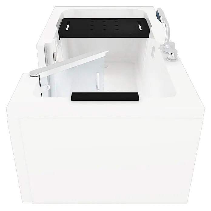 AcquaVapore Badewanne Fertigdusche S15-EH-R -  - Weiße begehbare Badewanne mit Glastür, schwarzem Badesitz und rutschfestem Boden, inklusive Chromarmaturen und Handbrause für Barrierefreiheit.