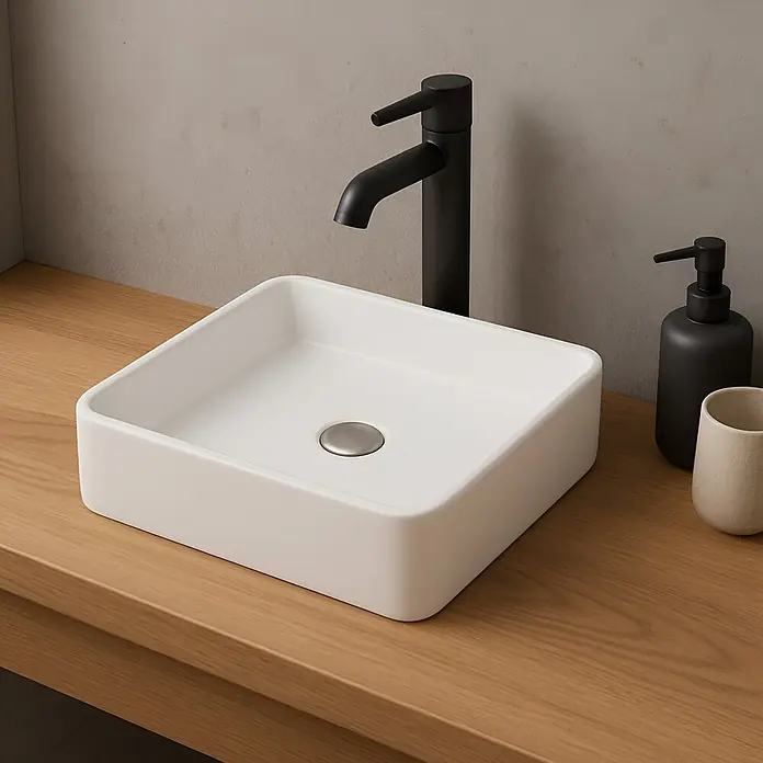 Lavabo de sobremesa Cronos - 37 x 37 cm, Acrílico, Blanco - Lavabo rectangular blanco de encimera con grifo y dispensador de jabón negros sobre encimera de madera.
