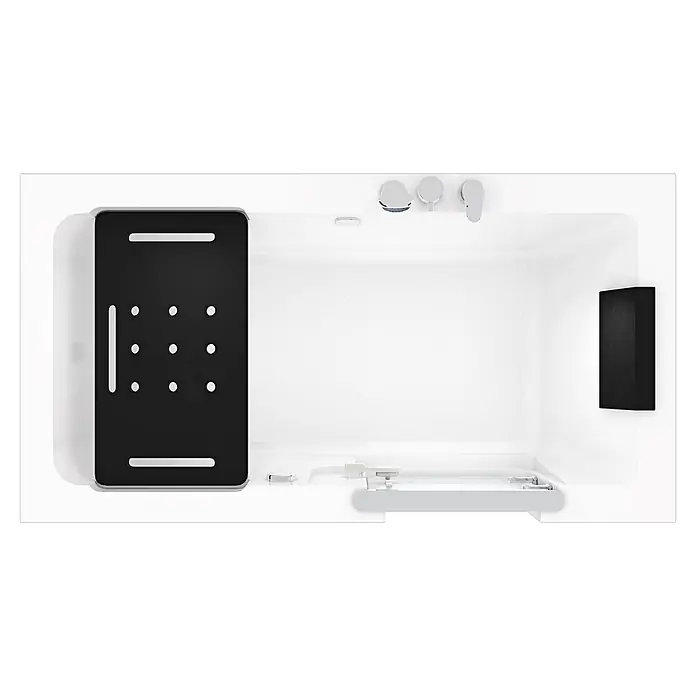 AcquaVapore Badewanne Fertigdusche S15-EH-R -  - Draufsicht auf eine weiße Badewannen-Dusch-Kombination mit schwarzem Bedienfeld, rutschfestem Boden, Chromarmaturen und schwarzem Wandmodul.