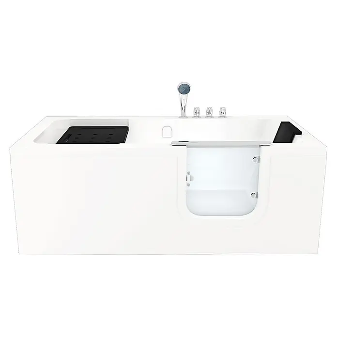 AcquaVapore Badewanne Fertigdusche S15-TH-R -  - Weiße barrierefreie Badewanne mit seitlicher Einstiegstür, integrierter Brause und schwarzen rutschfesten Oberflächen für zugängliches Baden.