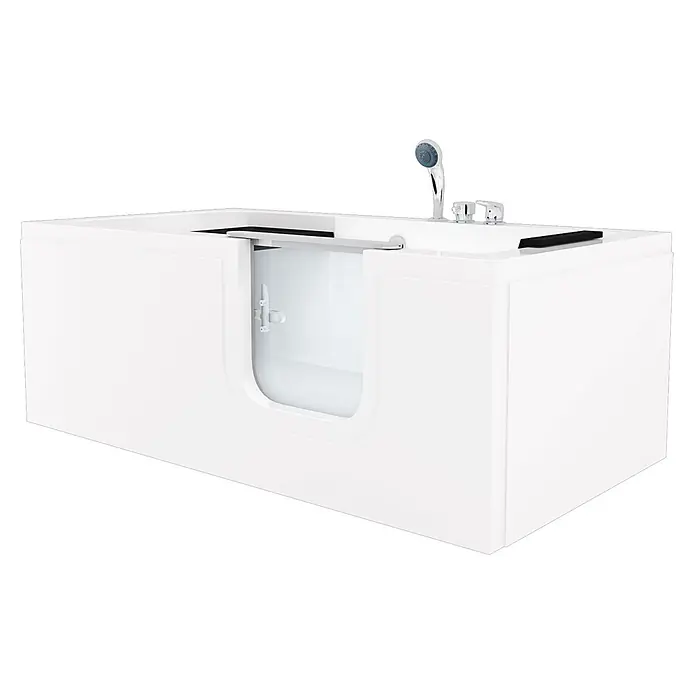 AcquaVapore Badewanne Fertigdusche S15-EH-R -  - Weiße Walk-in-Badewanne mit transparenter Seitentür, Chromarmatur und Handbrause.