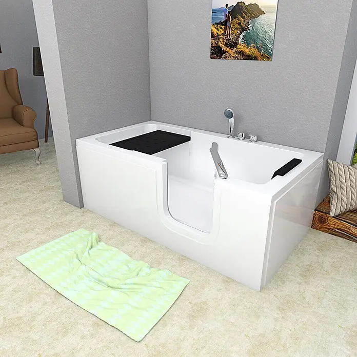 AcquaVapore Badewanne Fertigdusche S15-EH-R -  - Weiße begehbare Badewanne mit zugänglicher Tür, integriertem schwarzem Sitz und Haltegriff für sicheres Baden.